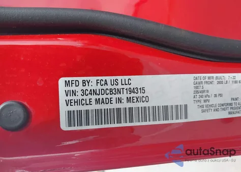 2022 Jeep Compass (Red) Edition 4X4 z USA, uszkodzony, nr VIN 3C4NJDCB3NT194315